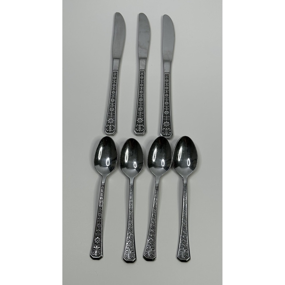 Interpur Florenz 8 Petal Flower Stainless 4 Teaspoons + 3 Dinner Knives Korea